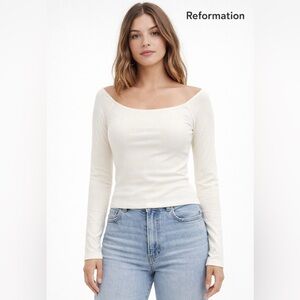 Reformation Off-Shoulder Ribbed Long Sleeve Top in Cream